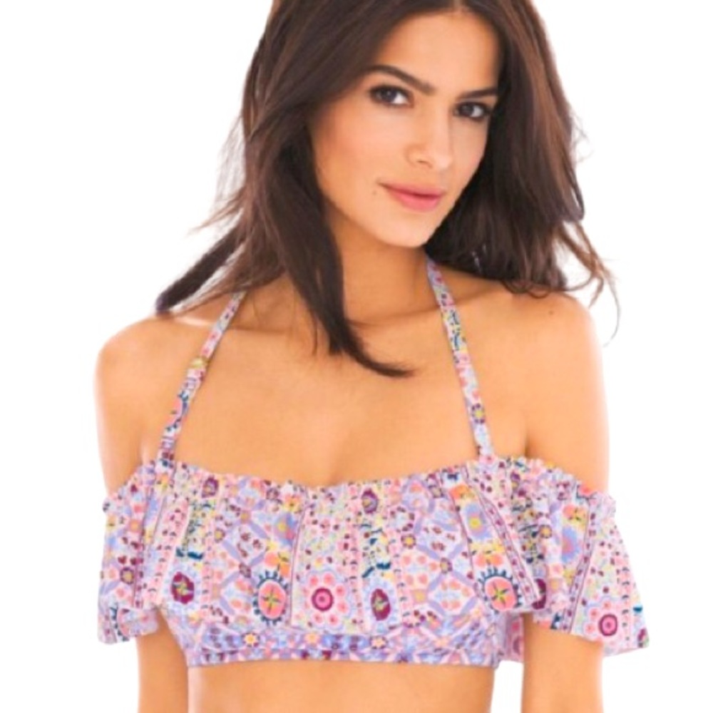 NWT Bleu Rod Beattie Floral Blue Pink Ruffled Bikini Top Size 10